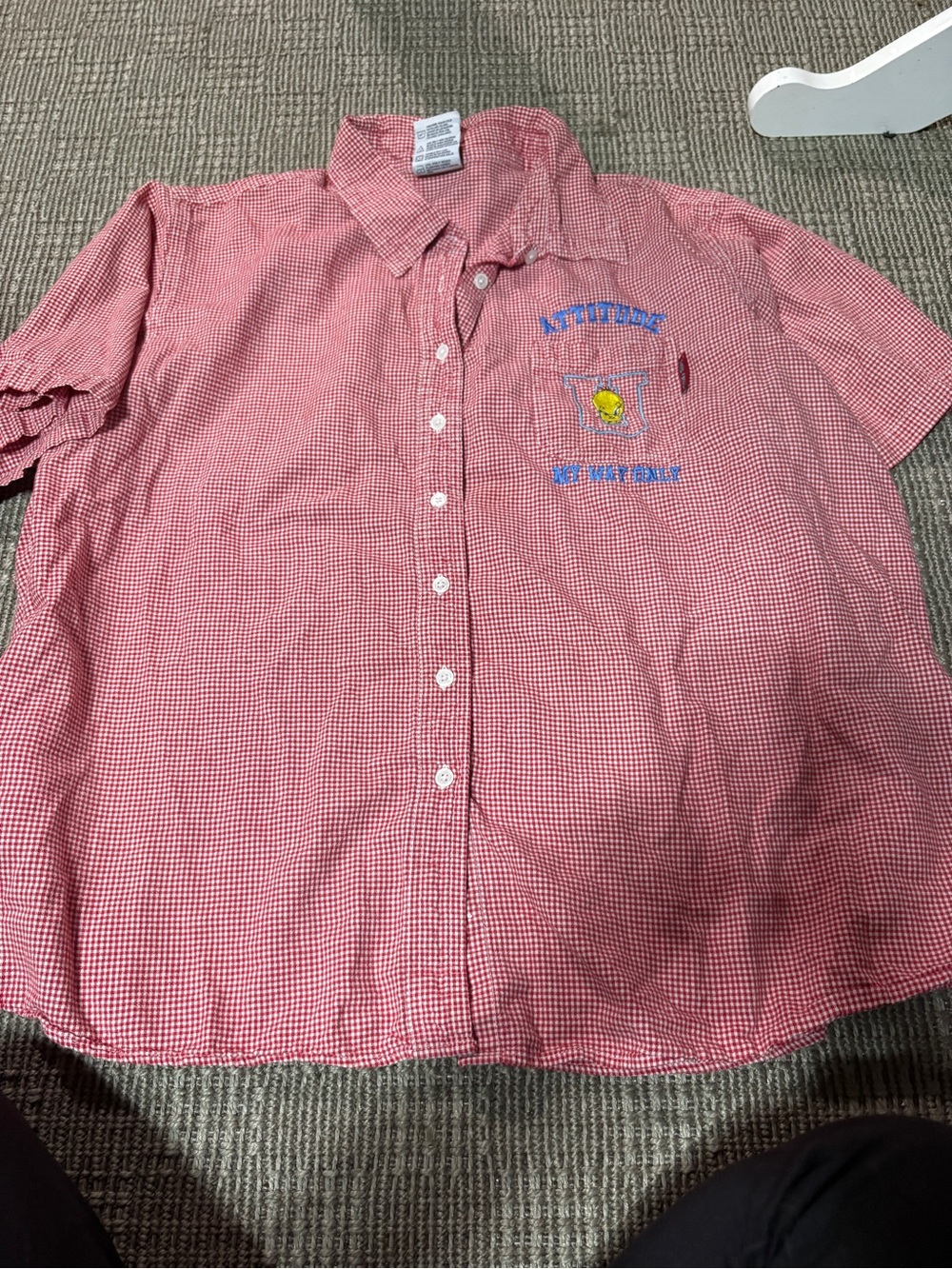 Vintage Red Gingham Short-Sleeve Button-Down Shirt with Embroidered Chest Accent